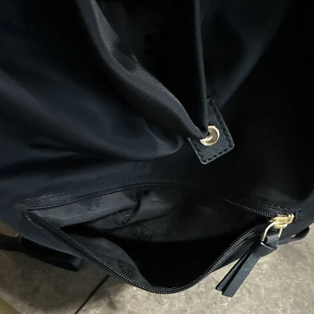 Tory Burch Black Drawstring Backpack Top Handle Gold Hardware Logo Pockets